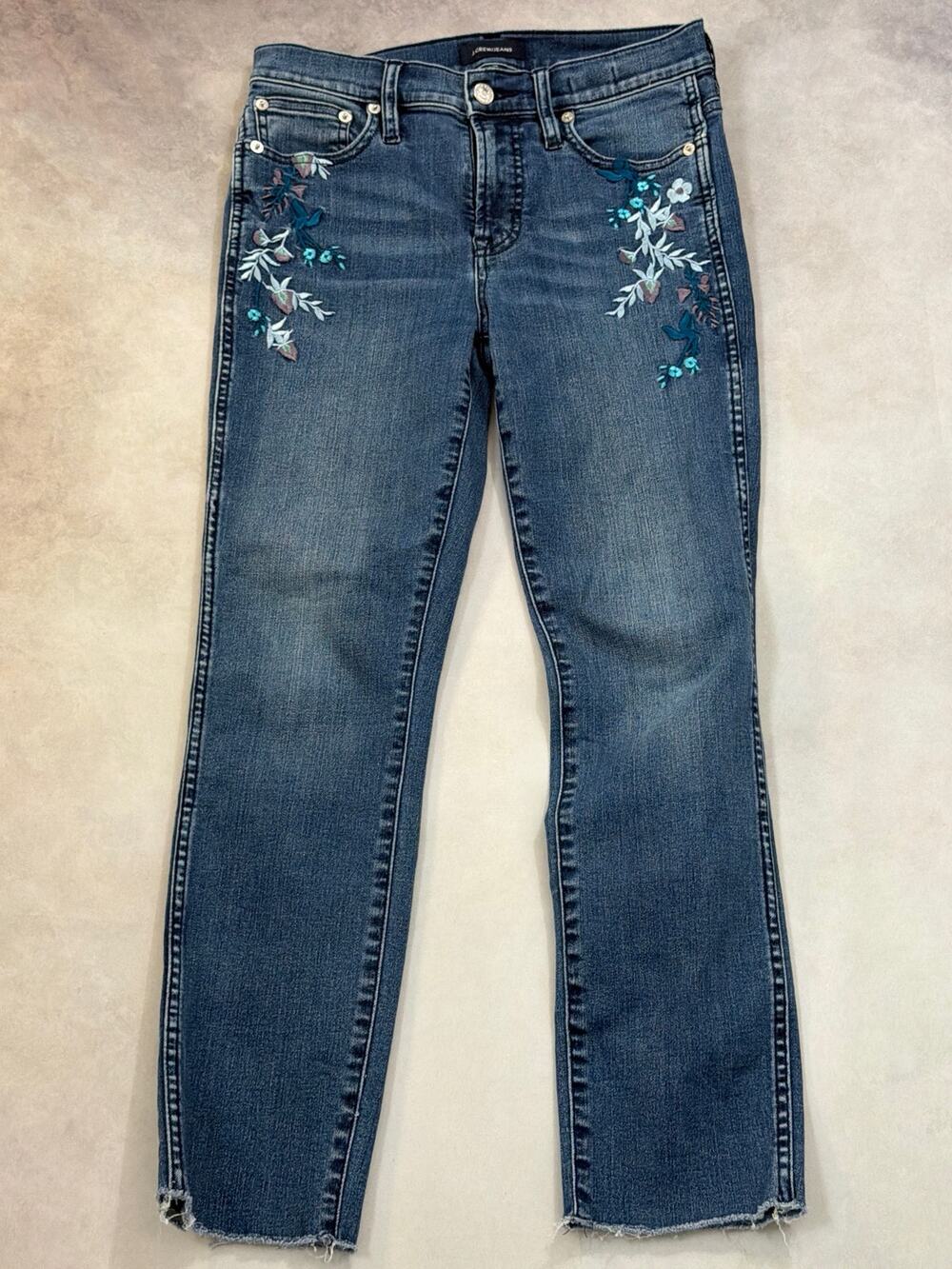 J.Crew Floral Embroidered Vintage Straight Leg Jeans Size 26 Medium Wash Raw Hem